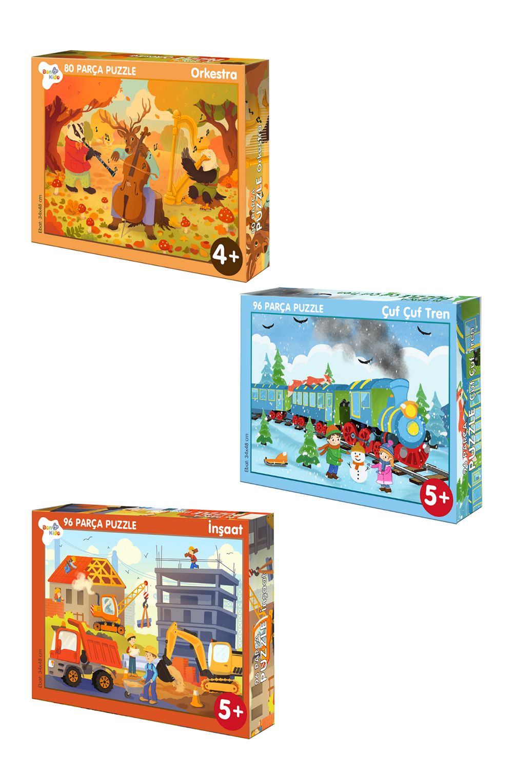 80-96-96 Parça Puzzle 3'lü Set Orkestra - Çufçuf Tren - Inşaat