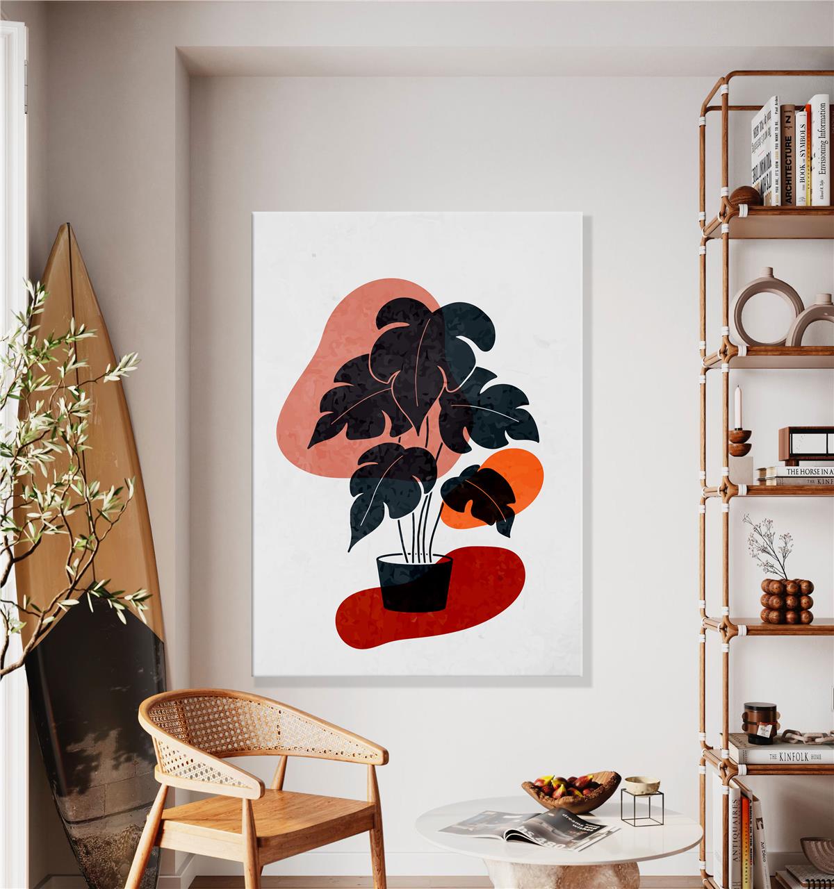 Minimal Kırmızı Turuncunun Tonları Ve Bitki Çizimi Kanvas Baskı Tablo