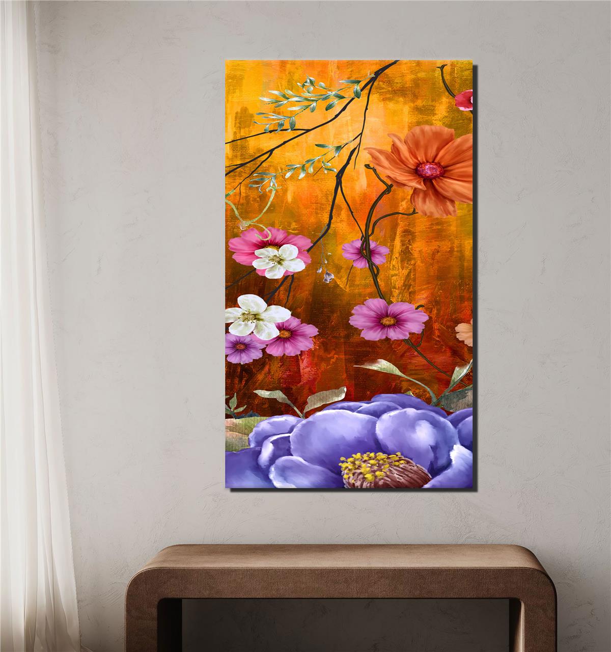 Turuncu Arka Planda Çiçekler Kanvas Baskı Tablo